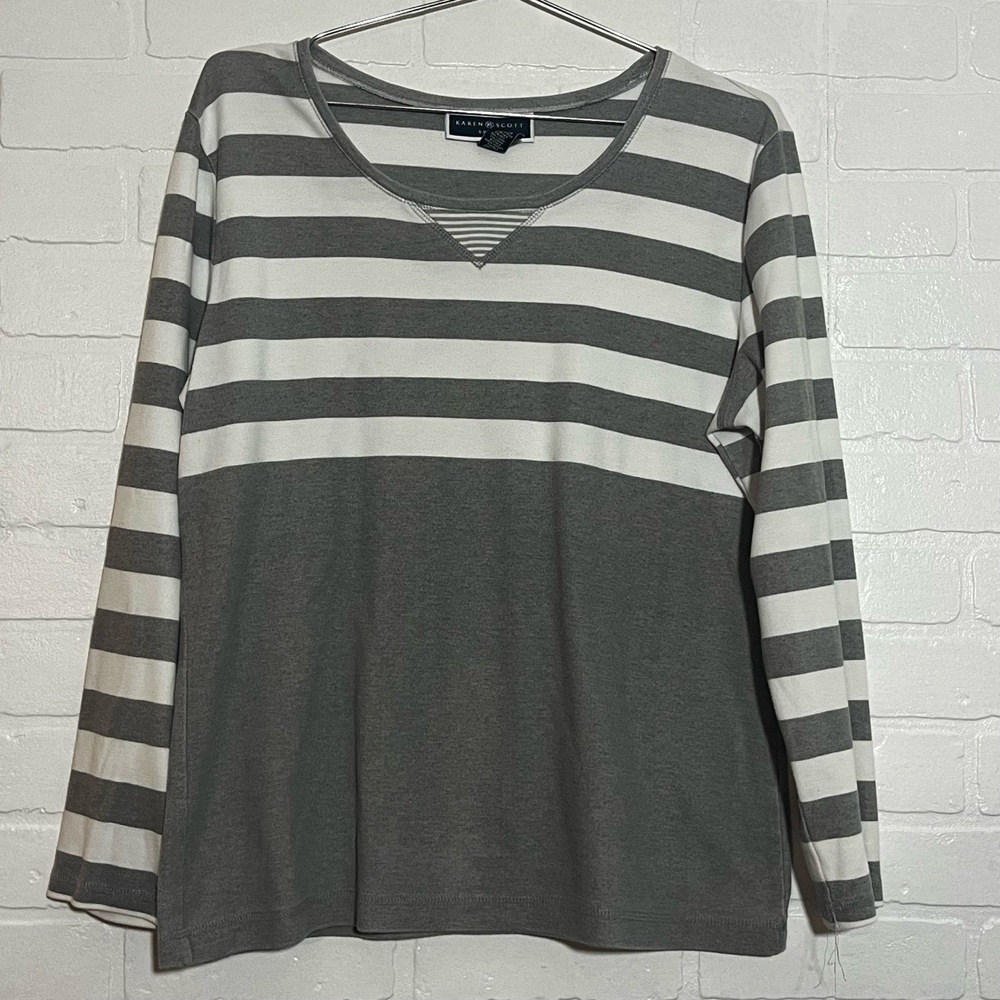 Karen Scott Sweater Grey White Striped Casual Comfort Cotton Blend Large